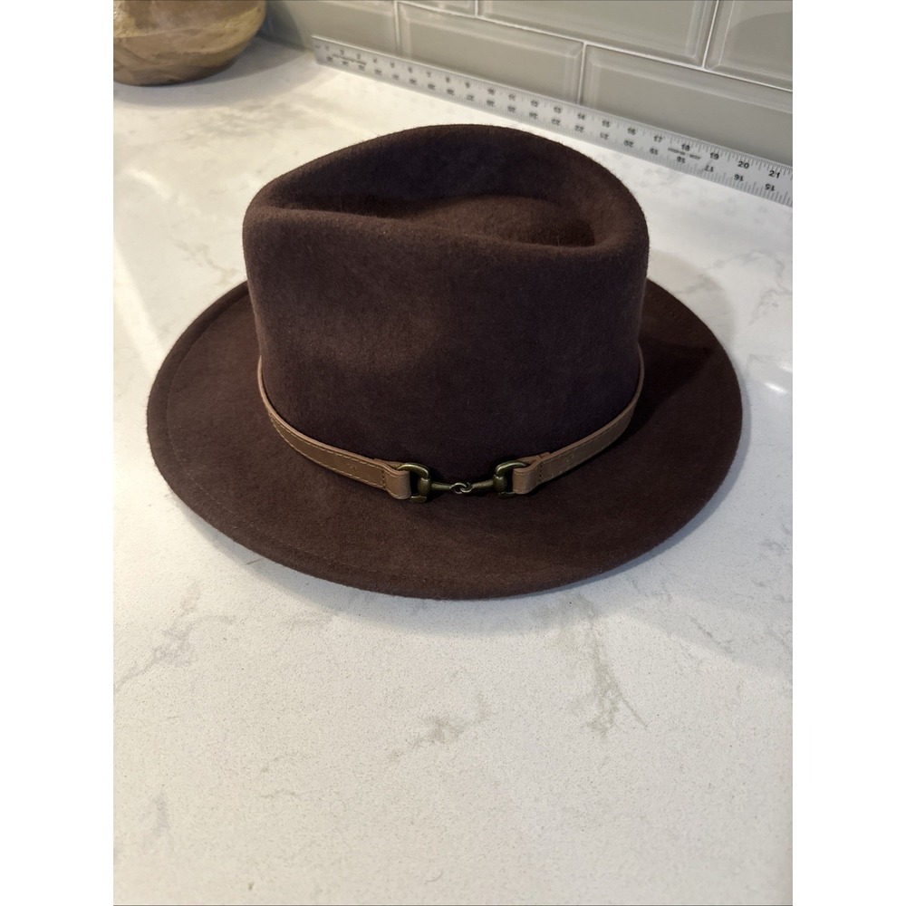 House Of Tweed Navy Brown Wool Fedora hat With Brass Horsebit Buckle size Small